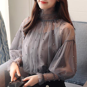 Plus Size 2XL Women Top Lantern Sleeve Blouse Beading Elegant Blouse Chiffon Pearl Shirt