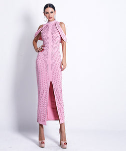 Celebrity Evening Party Dress Women Sexy Beadings Turtleneck Sleeveless Long Mid-Calf Dress Back Split Club Dress