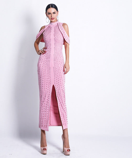 Celebrity Evening Party Dress Women Sexy Beadings Turtleneck Sleeveless Long Mid-Calf Dress Back Split Club Dress
