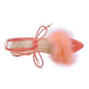 summer shoes woman pointed toe snake print high heels sexy feather women sandals ankle cross strap transparent clear heel