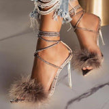 summer shoes woman pointed toe snake print high heels sexy feather women sandals ankle cross strap transparent clear heel