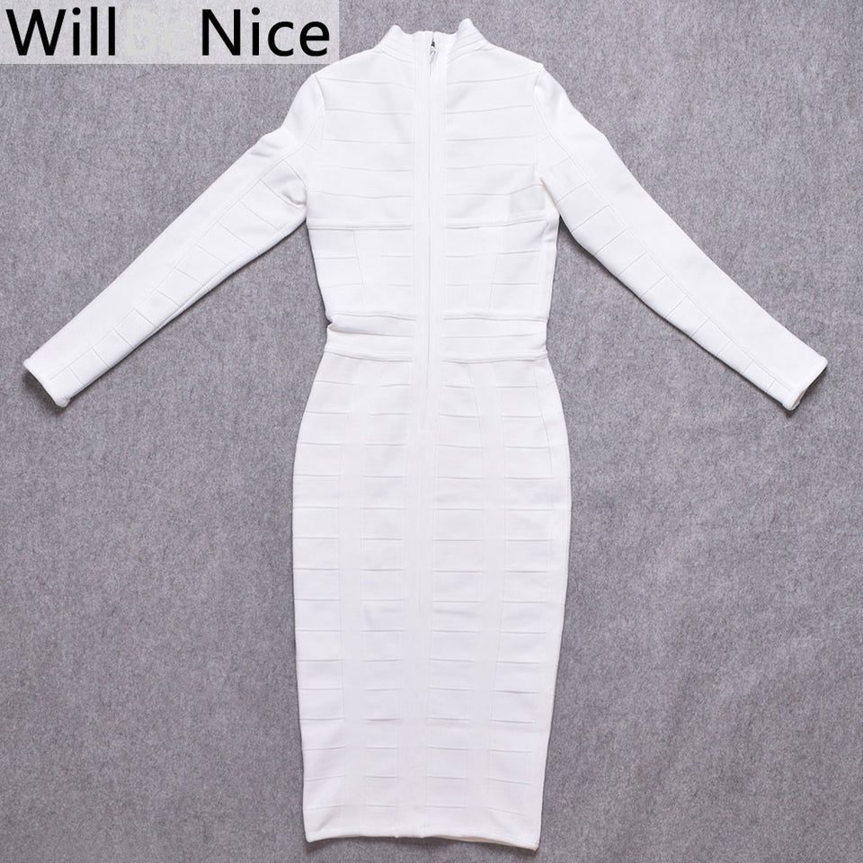 Women Bodycon Bandage Dress White Long Sleeve Hollow Out Club Dress Vestidos Celebrity Evening Party Midi Dress