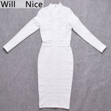 Women Bodycon Bandage Dress White Long Sleeve Hollow Out Club Dress Vestidos Celebrity Evening Party Midi Dress