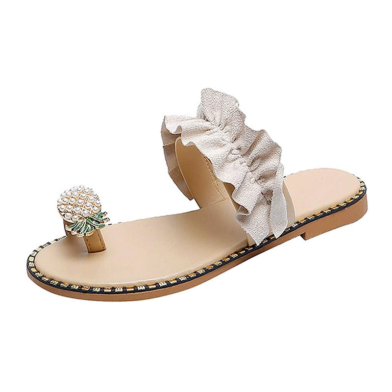 Women Slipper Pearl Flat Toe Bohemian Casual Shoes Beach Sandals Ladies Shoes Platform Sandalias De Mujer Verano