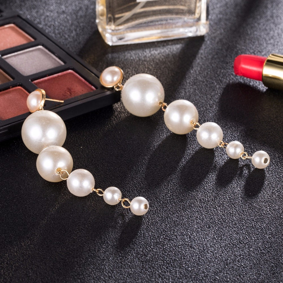 Trendy Elegant Created Big Simulated Pearl Long Earrings Pearls String Statement Drop Earrings For Wedding Party