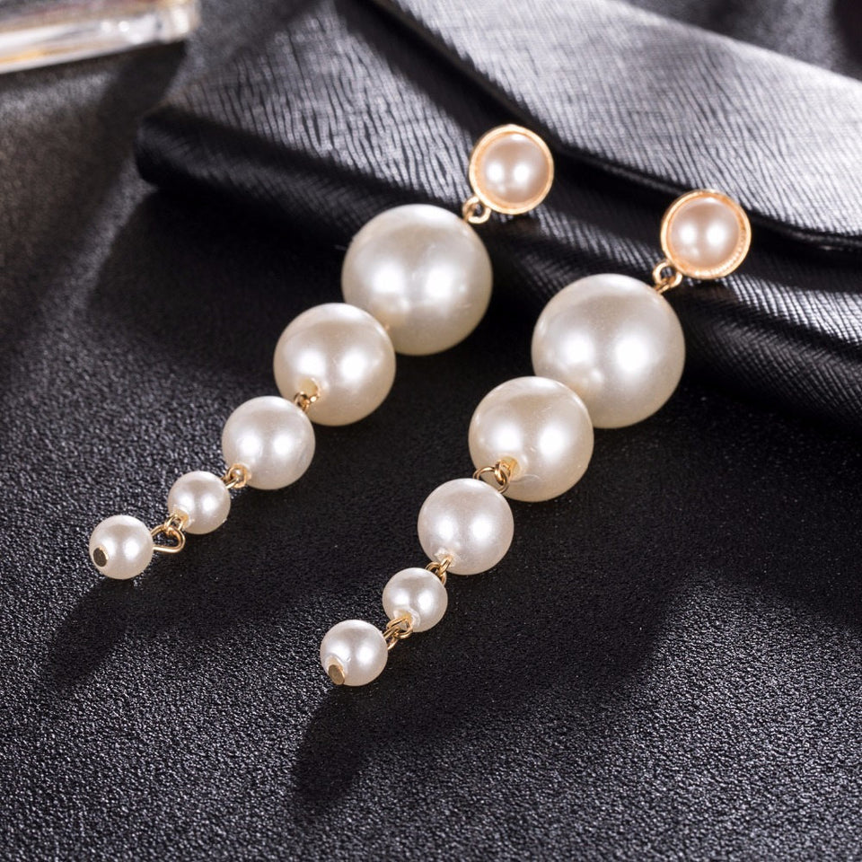 Trendy Elegant Created Big Simulated Pearl Long Earrings Pearls String Statement Drop Earrings For Wedding Party